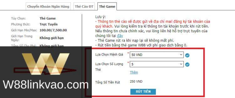 rút tiền thẻ game W88