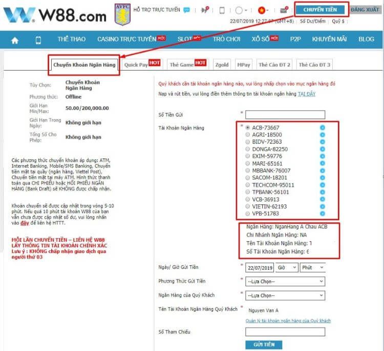 Gửi tiền w88